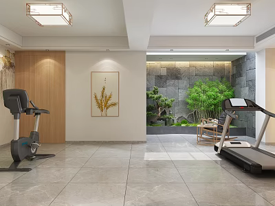 Basement Interior Featuring Fitness Equipment Wooden Door Stone Wall Green Plants And Tile Floor 3d model