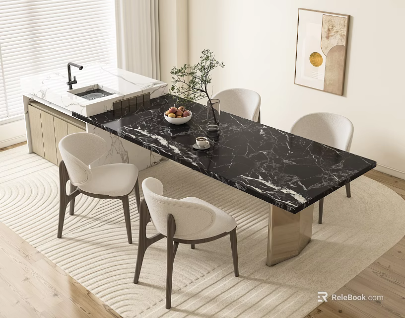 Elegant Dining Table Set With Black Marble Top White Chairs Metal Legs And Potted Plant 3d model 