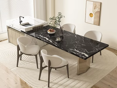 Elegant Dining Table Set With Black Marble Top White Chairs Metal Legs And Potted Plant 3d model