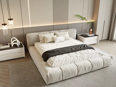 Modern Background Double Bed In Minimalist Bedroom With Nightstands And Lighting 3d model