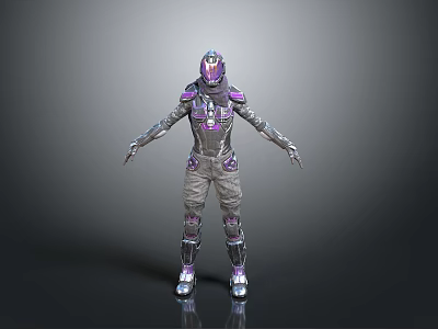 Futuristic Character in Purple Silver Armor with Helmet and Decorative 3D Model Standing Pose 3d model