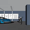 4S Auto Showroom Displaying White Sports Car Black Motorcycle Pink Vehicle With Modern Lighting