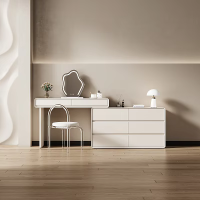 Modern White Dressing Table With Mirror Stool Lamp Drawers And Wooden Floor 3d model Modern White Dressing Table With Mirror Stool Lamp Drawers And Wooden Floor 3d model