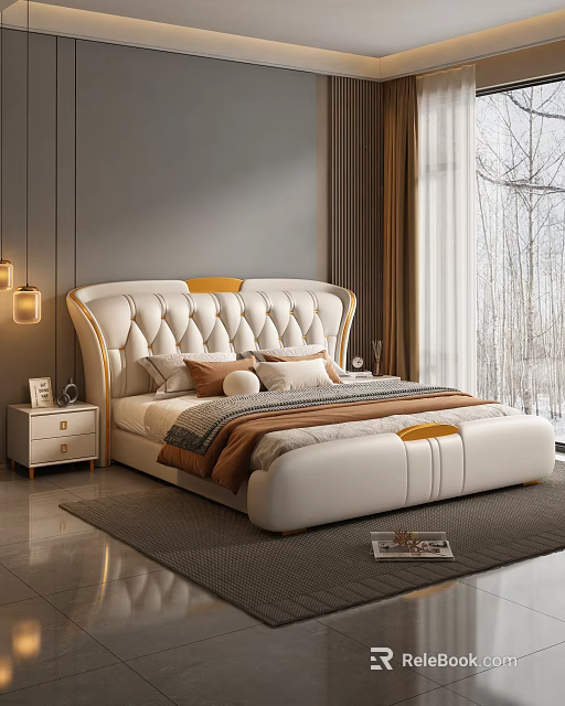 Modern Luxury White Leather Double Bed With Tufted Headboard Gold Accents And Snow View Window 3d model 