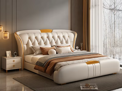Modern Luxury White Leather Double Bed With Tufted Headboard Gold Accents And Snow View Window 3d model