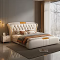 Modern Luxury White Leather Double Bed With Tufted Headboard Gold Accents And Snow View Window