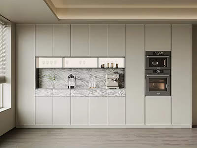 Modern Luxury Built in Wine Cabinet With Glass Doors And Marble Countertop In Kitchen Interior 3d model