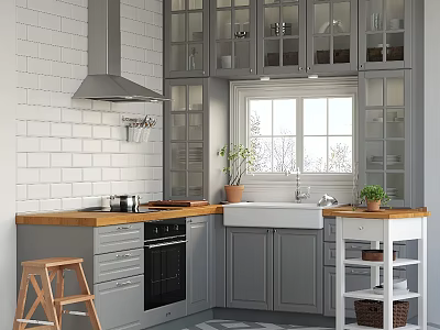 Modern Kitchen Interior With Gray Glass Door Cabinets Wooden Countertop White Brick Wall And Window 3d model