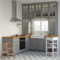 Modern Kitchen Interior With Gray Glass Door Cabinets Wooden Countertop White Brick Wall And Window