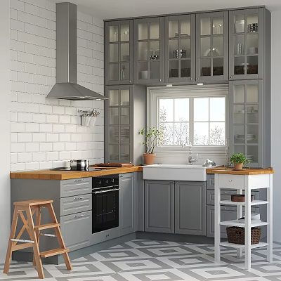 Modern Kitchen Interior With Gray Glass Door Cabinets Wooden Countertop White Brick Wall And Window 3d model