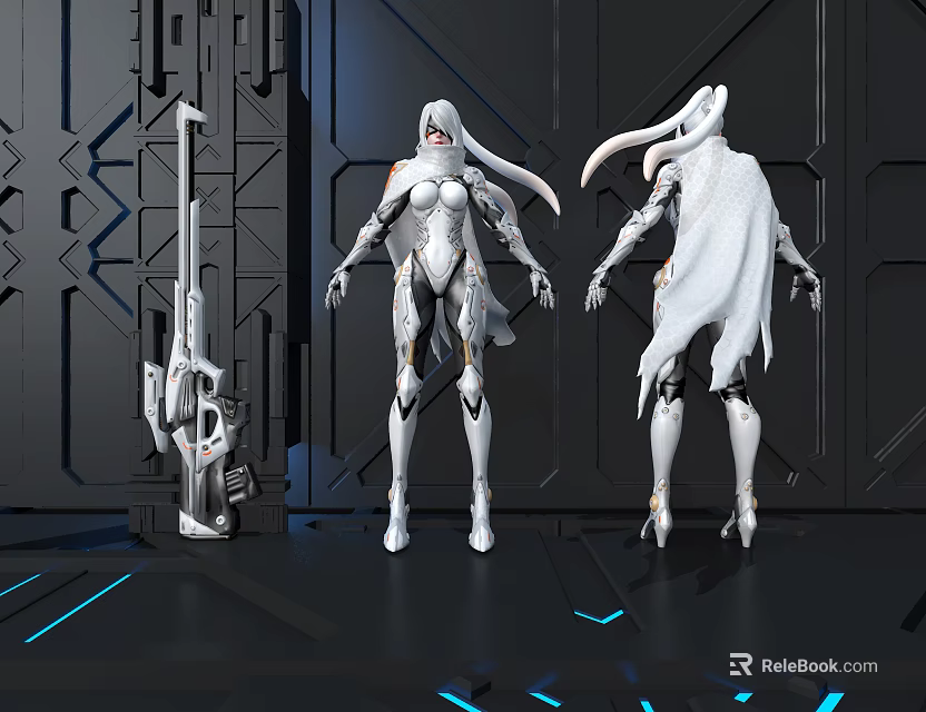 Futuristic Female Game Characters In White Armor With High Tech Gun And Blue Light Lines 3d model 