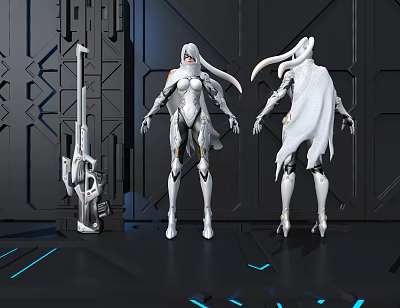 Futuristic Female Game Characters In White Armor With High Tech Gun And Blue Light Lines 3d model