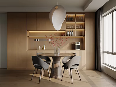 Modern Restaurant Interior With Wooden Round Table Gray Chairs Pendant Light Wine Rack Coffee Machine 3d model