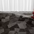Square Rug With Geometric Pattern In Black And Gray On Wooden Floor With White Curtains