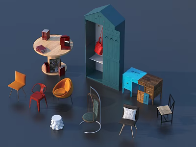 Various Styles Of Home Living Furniture Including Colorful Chairs Cabinets And Wooden Tables 3d model