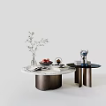 Elegant Coffee Table With Marble Top Metal Base Greenery Fruits Magazines And Teddy Bear