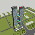 Modern Office Building Featuring Two Tall Towers Glass Facade And Surrounding Greenery