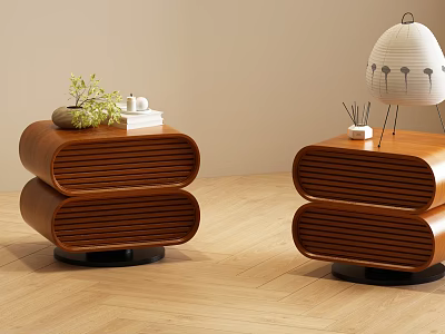 Two Wooden Bedside Tables With Vertical Slat Design Black Base Table Lamp And Plant Decor 3d model