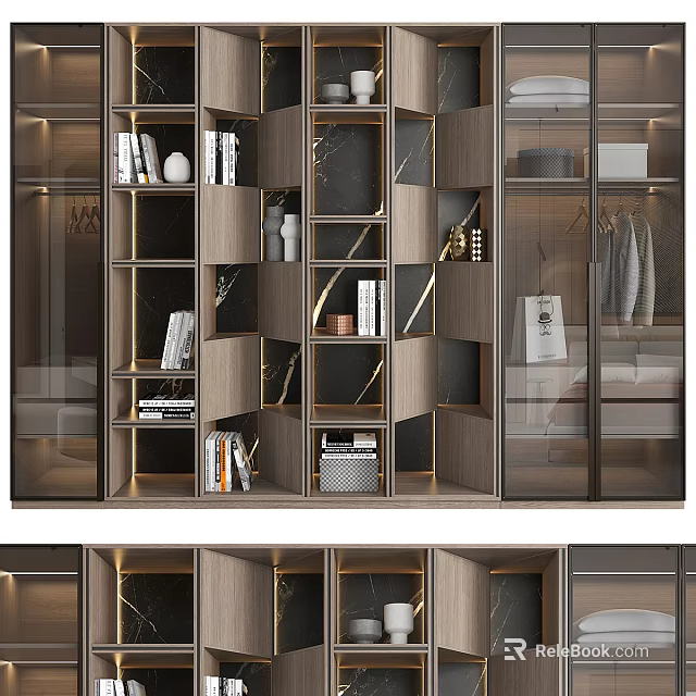 Elegant Modern Wardrobe With Wooden Frame Glass Doors Shelves Hanging Space And Storage Drawers 3d model 