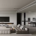 Modern Living and Dining Room Interior With Large Sofa Coffee Table TV Wall And Fireplace