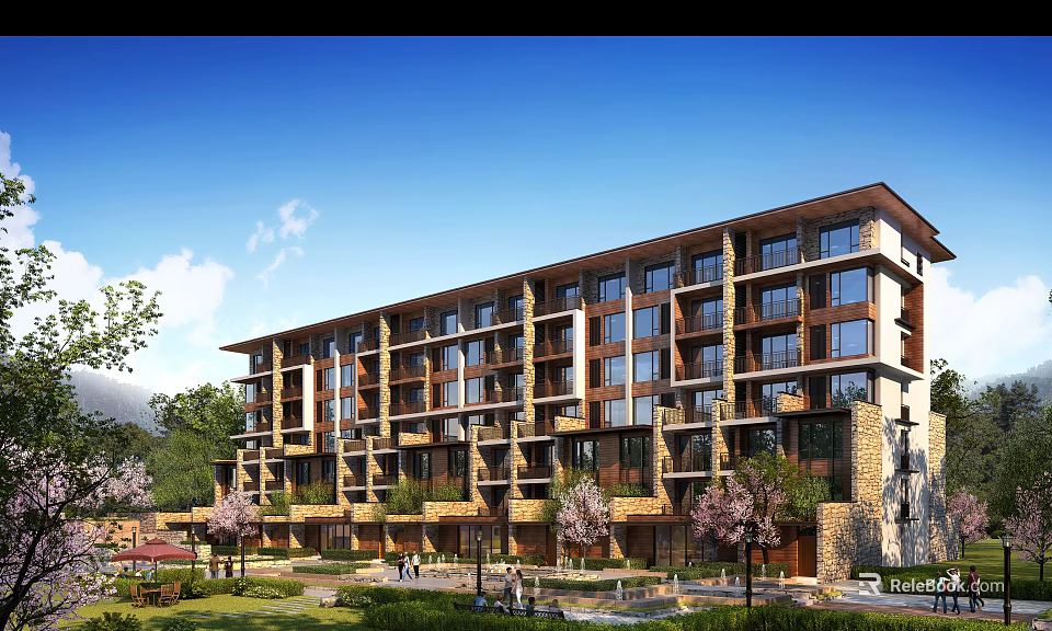 Modern Mid Rise Residential Building With Balconies Stone Wood Elements And Green Garden Area 3d model 