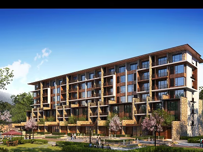 Modern Mid Rise Residential Building With Balconies Stone Wood Elements And Green Garden Area 3d model