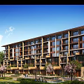 Modern Mid Rise Residential Building With Balconies Stone Wood Elements And Green Garden Area