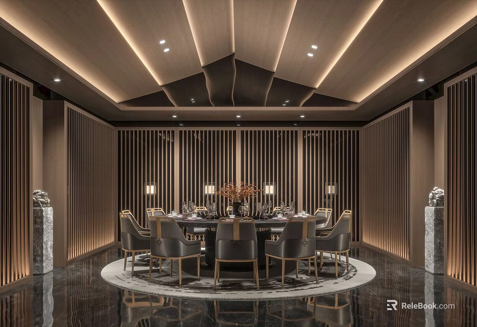 Luxury Modern Private Dining Room Interior With Round Table Chairs Wooden Panels And Elegant Lighting 3d model 