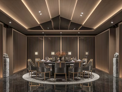 Luxury Modern Private Dining Room Interior With Round Table Chairs Wooden Panels And Elegant Lighting 3d model