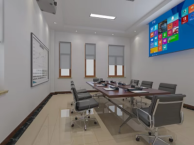 Modern Conference Room Interior With Long Table Ergonomic Chairs Large Screen And Windows 3d model