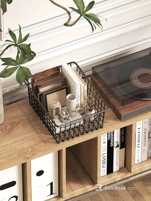 TV Stand with Black Metal Wire Basket Photo Frames Books Decorative Items and Vinyl Record 3d model 
