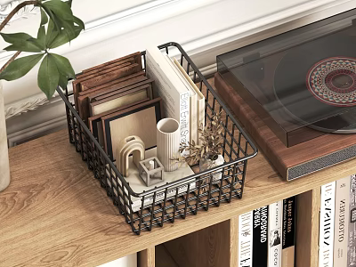 TV Stand with Black Metal Wire Basket Photo Frames Books Decorative Items and Vinyl Record 3d model