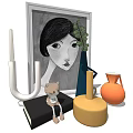 Decorative Ornament Set With Portrait Green Leaf Candle Holder Teddy Bear Book And Colored Vases