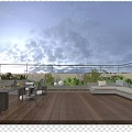 Roof Terrace Garden Landscape with Wooden Flooring Brown Umbrella and Lush Outdoor Plants
