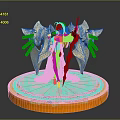 Graceful Female Figure in White Dress with Golden Mechanical Wings Red Sword on Golden Base