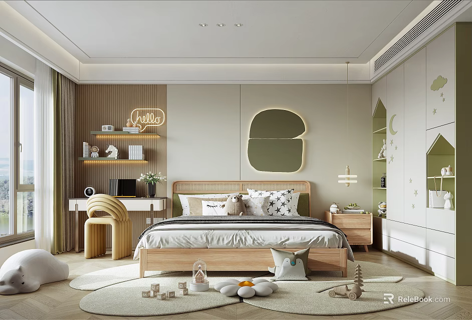 Cozy Modern Kids Room Interior With Wooden Bed Bookshelf Desk Decorative Mirror And Toys 3d model 