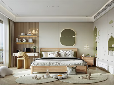 Cozy Modern Kids Room Interior With Wooden Bed Bookshelf Desk Decorative Mirror And Toys 3d model