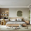 Cozy Modern Kids Room Interior With Wooden Bed Bookshelf Desk Decorative Mirror And Toys