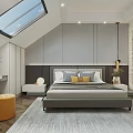 Modern Bedroom Interior With Skylight Gray Headboard Wall Area Rug And Orange Stool