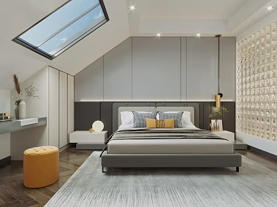 Modern Bedroom Interior With Skylight Gray Headboard Wall Area Rug And Orange Stool 3d model