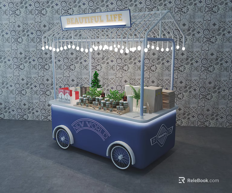 Blue Functional Cart Featuring Beautiful Life Sign String Lights Falcon Logo Plants and Books 3d model 