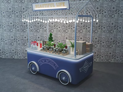 Blue Functional Cart Featuring Beautiful Life Sign String Lights Falcon Logo Plants and Books 3d model