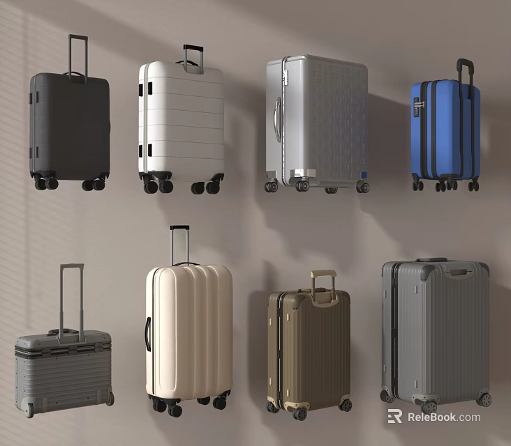 Assorted Hard Shell Suitcases In Multiple Colors With Wheels And Modern Designs 3d model