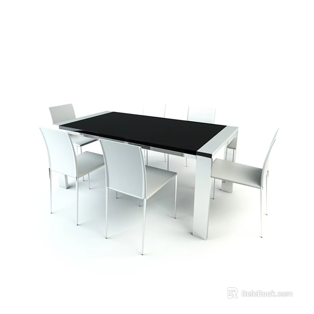 Modern Dining Table Set With Black Glass Top And White Metal Frame Chairs 3d model 