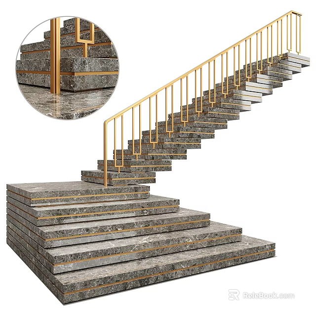 Modern Elegant Staircase Design With Layered Stone Steps And Golden Railings 3d model 