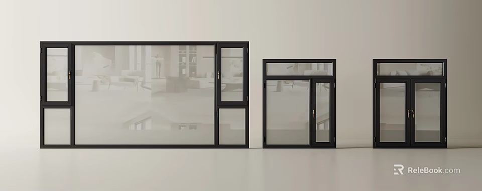 Modern Casement Windows With Black Frames And Glass Panels In Interior View 3d model