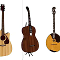 Three Varied Wooden String Instruments Including Acoustic Classical Guitar And Mandolin
