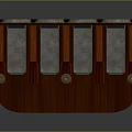 Commercial Equipment With Wooden Platform Multiple Seats Blue Panels Circular Dials And Hanging Lamps