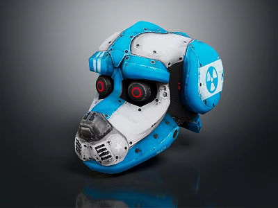 Smart Machine Head with Blue and White Design Red Eyes and Circular Logo 3d model
