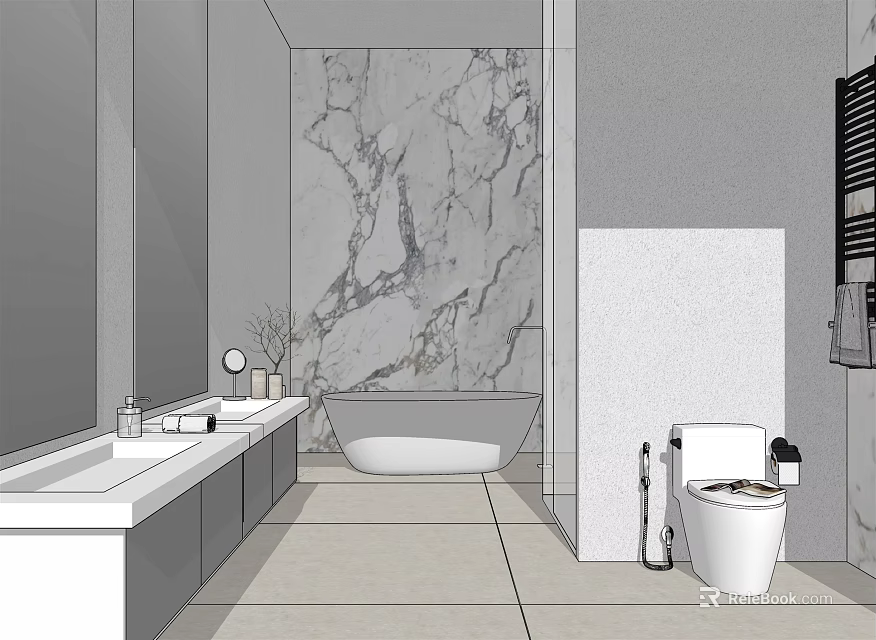 Modern Bathroom Interior With Marble Wall Double Vanity Sinks And Bathtub 3d model 